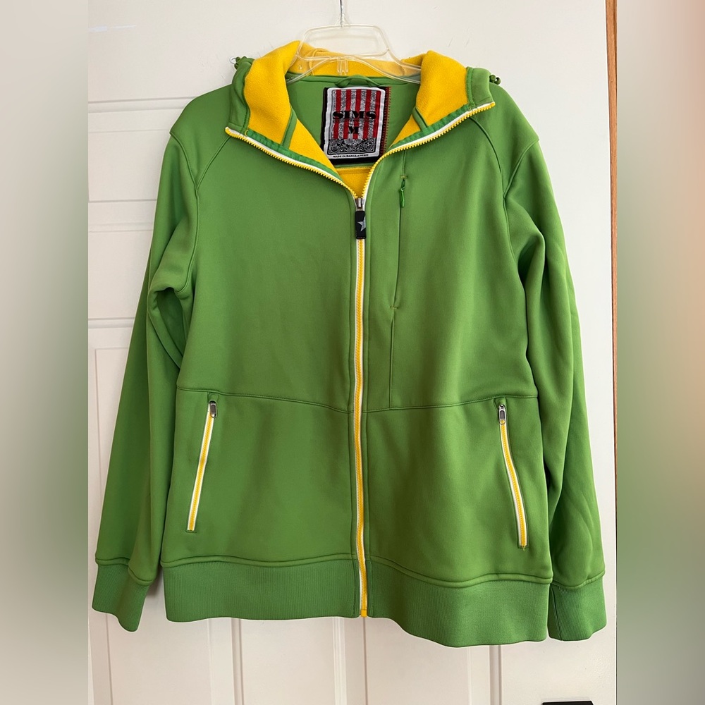 Mens Sims green and yellow zip hoodie with pull toggles on hood. Size medium